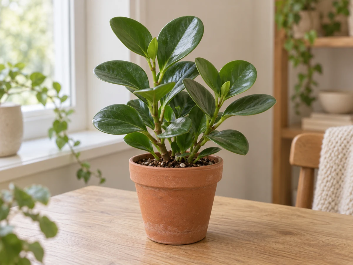 AI-generated illustration of a potted baby rubber plant with thick glossy oval green leaves.