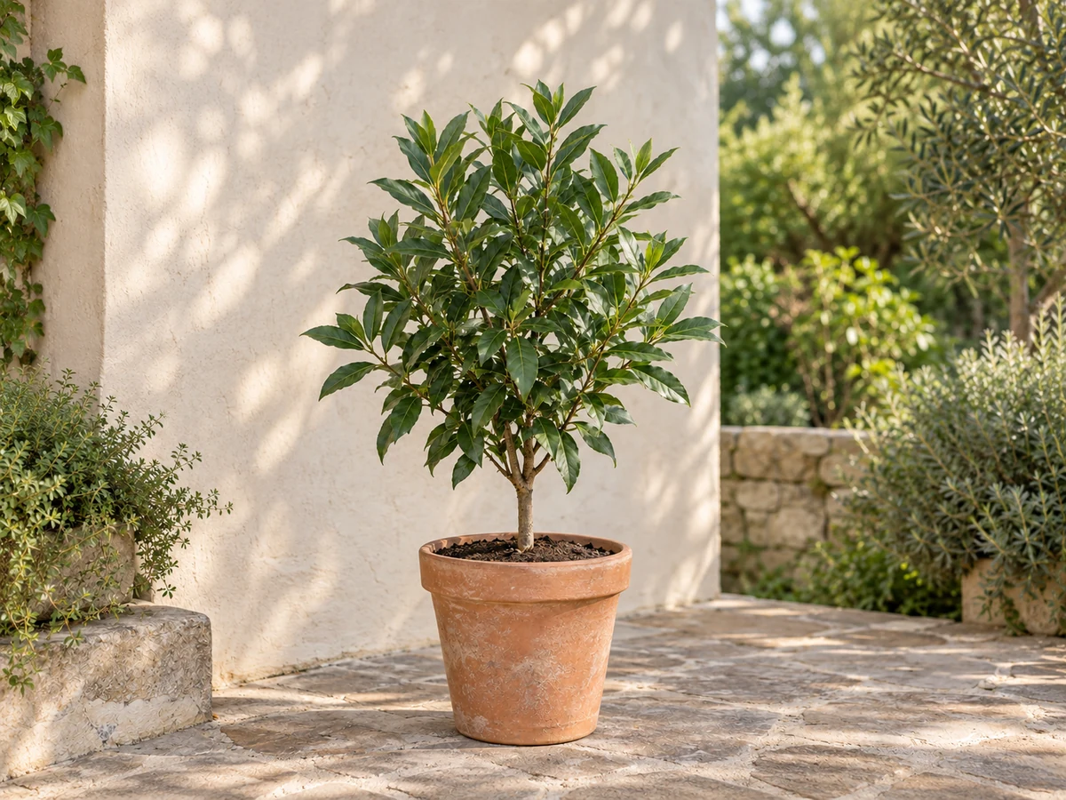 AI-generated illustration of a potted bay laurel with glossy green leaves and a woody stem.