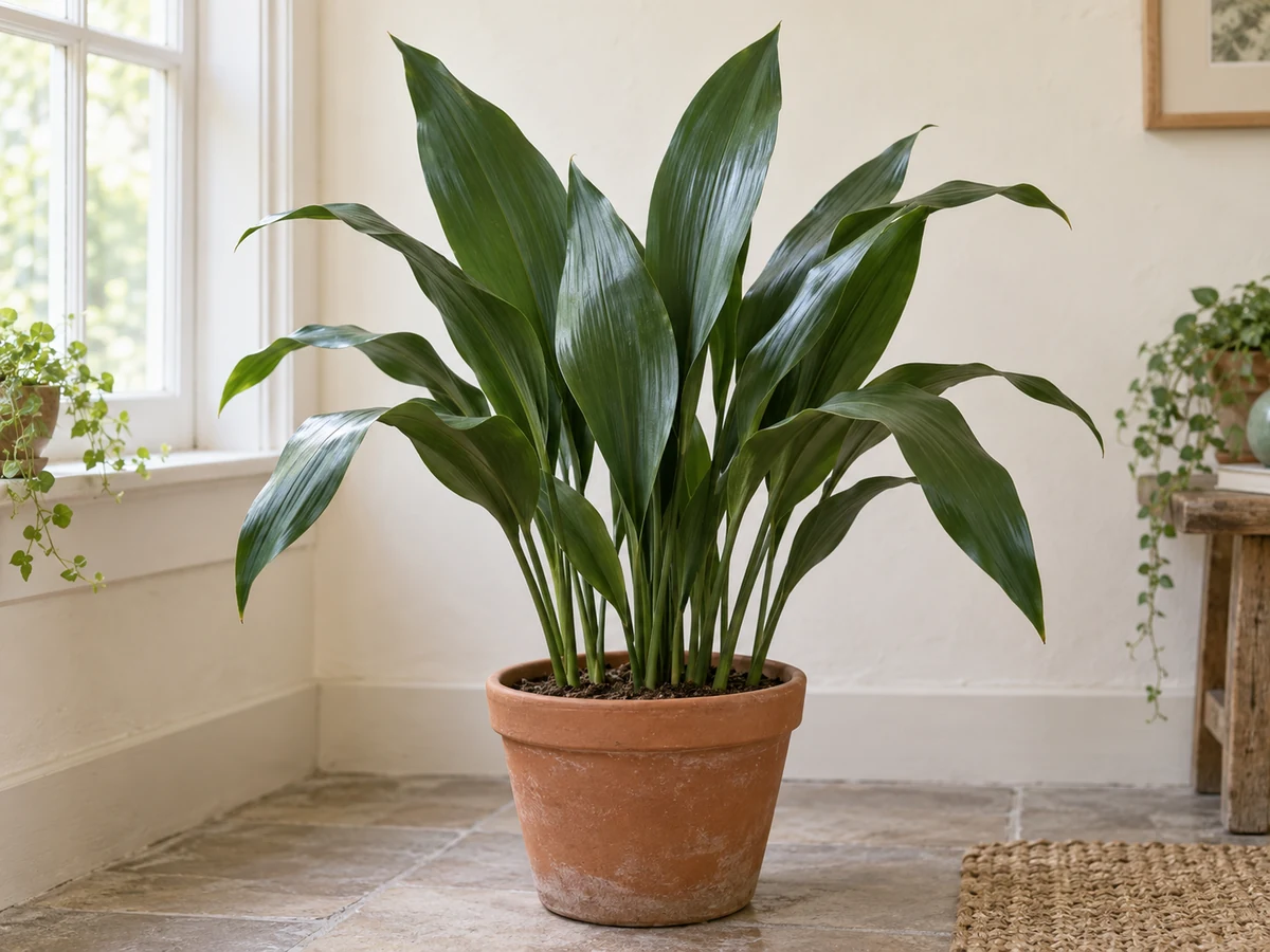 AI-generated illustration of a potted cast iron plant with broad, arching dark-green leaves.