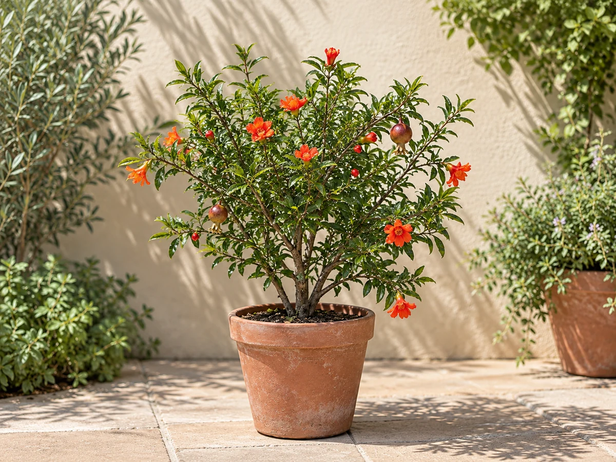 AI-generated illustration of a potted dwarf pomegranate with orange-red flowers and small fruits.