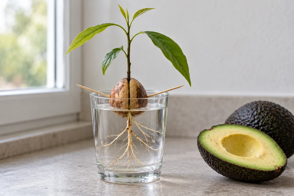 AI illustration of an avocado pit held over a clear glass with its base in water and roots visible.