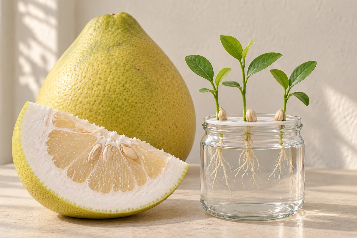 AI illustration of pomelo seedlings supported above a glass jar, with roots extending into water.