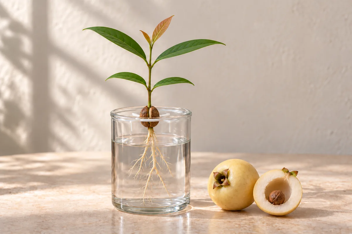 AI illustration of a rose apple seedling supported over a glass, with its seed above water and roots below.