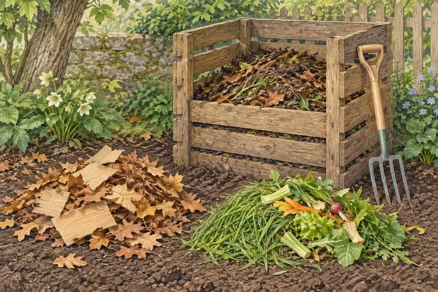 Illustration of separate dry brown materials and fresh green scraps beside an outdoor compost bin.