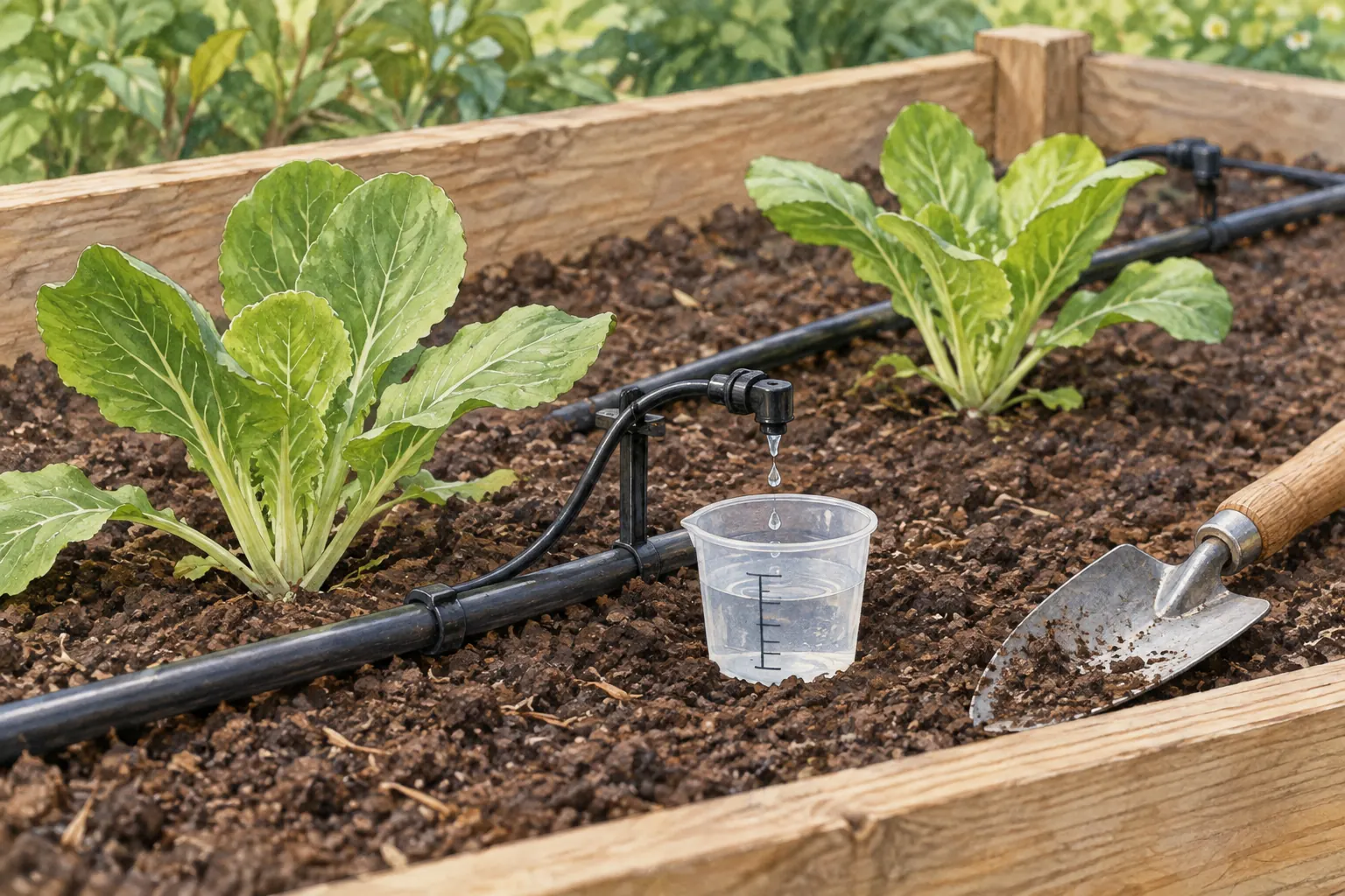 Illustration of water from a drip emitter being collected in a measuring cup beside an outdoor raised bed.