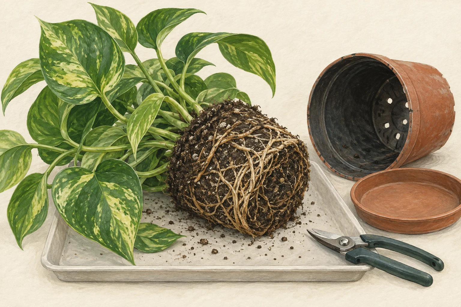 An unpotted houseplant rests on a tray beside its pot, with the root ball and drainage holes visible.
