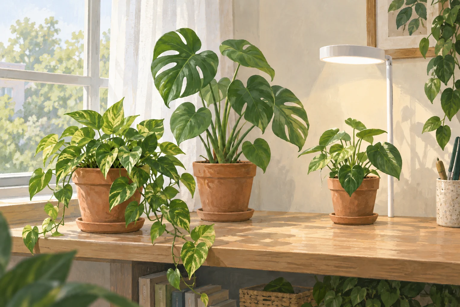 Potted indoor plants beside a window, with a grow lamp over one plant.
