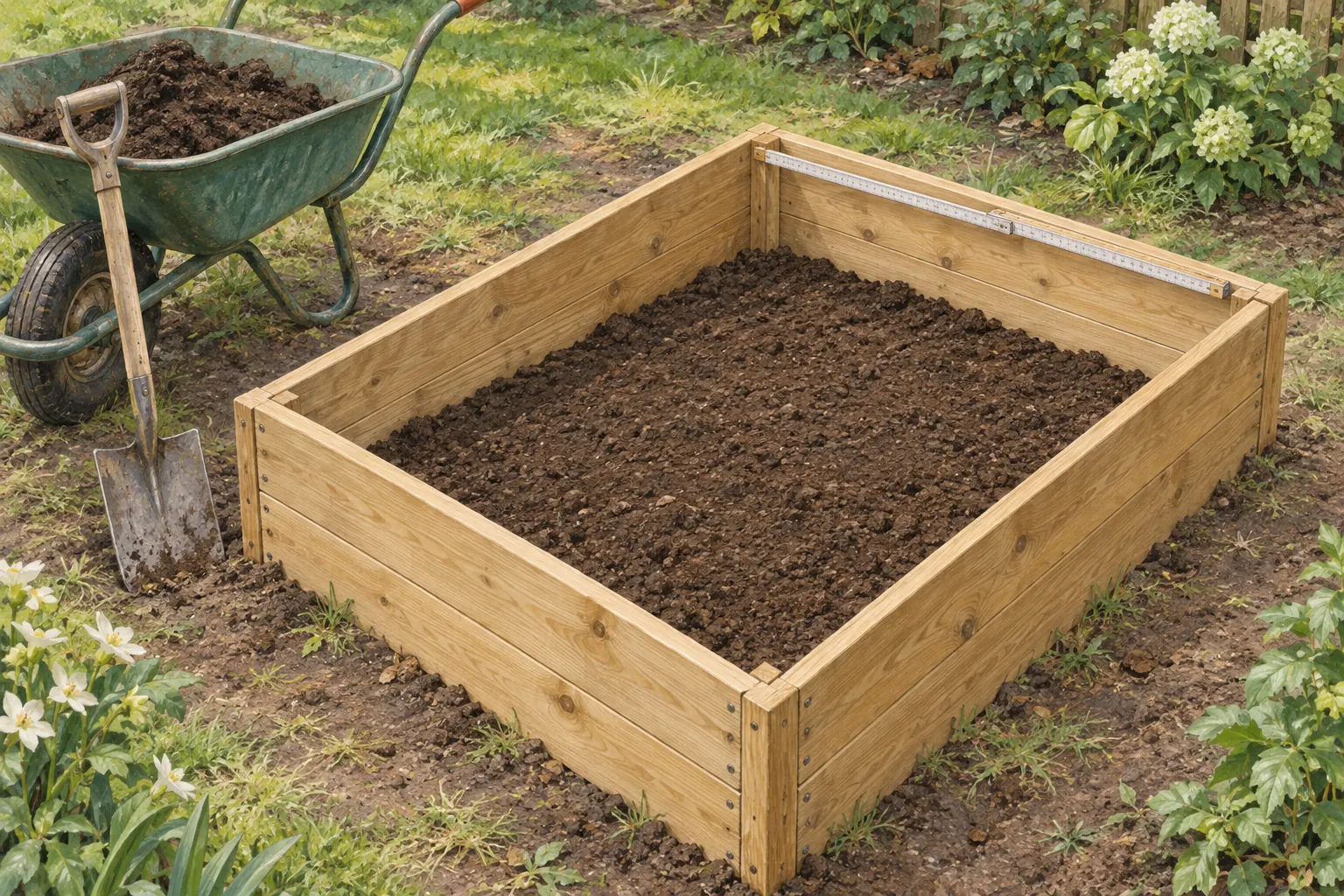 Illustration of a partially filled outdoor raised bed being measured between its inside edges.