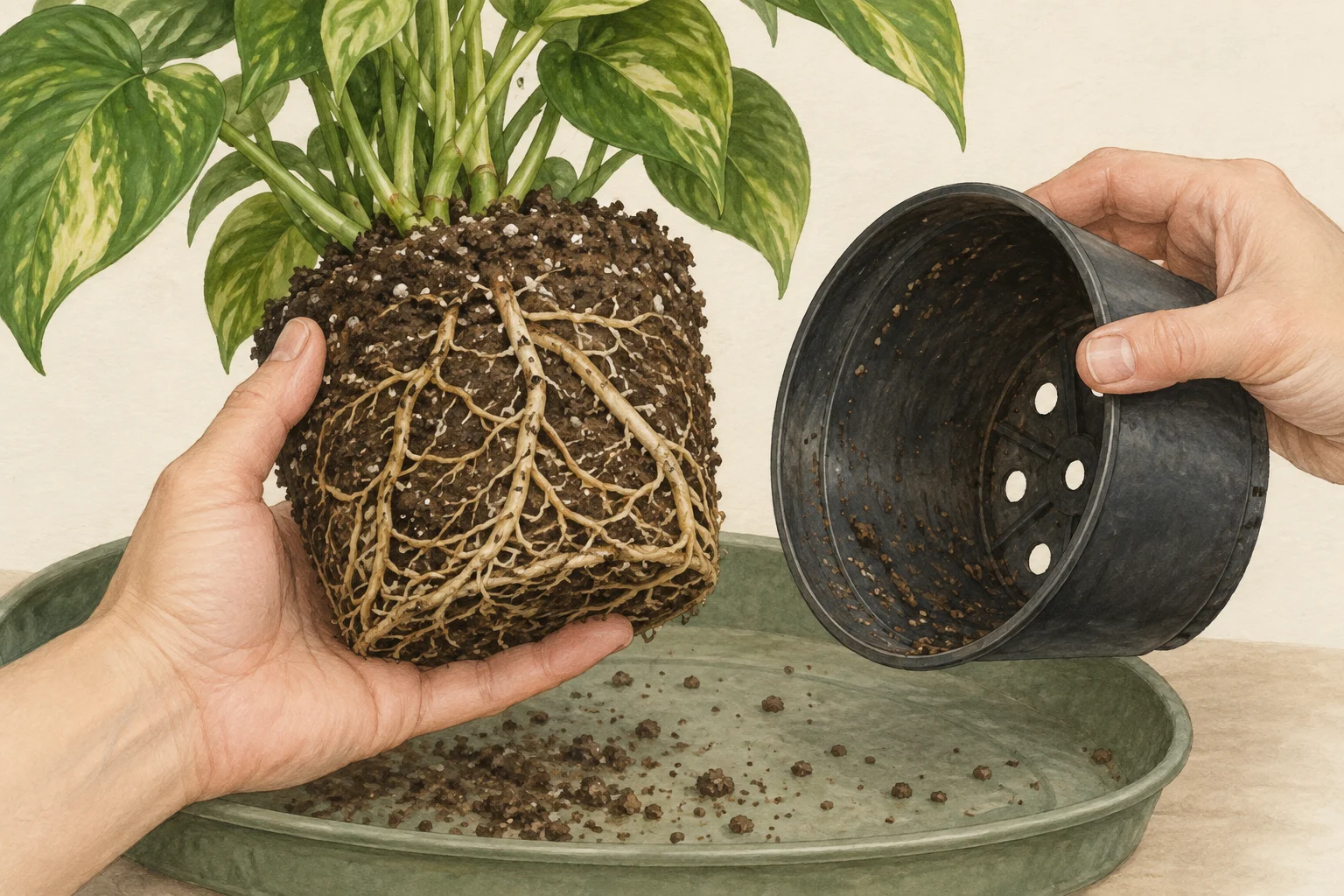 Illustration of hands supporting a plant and gently inspecting the exposed root ball.