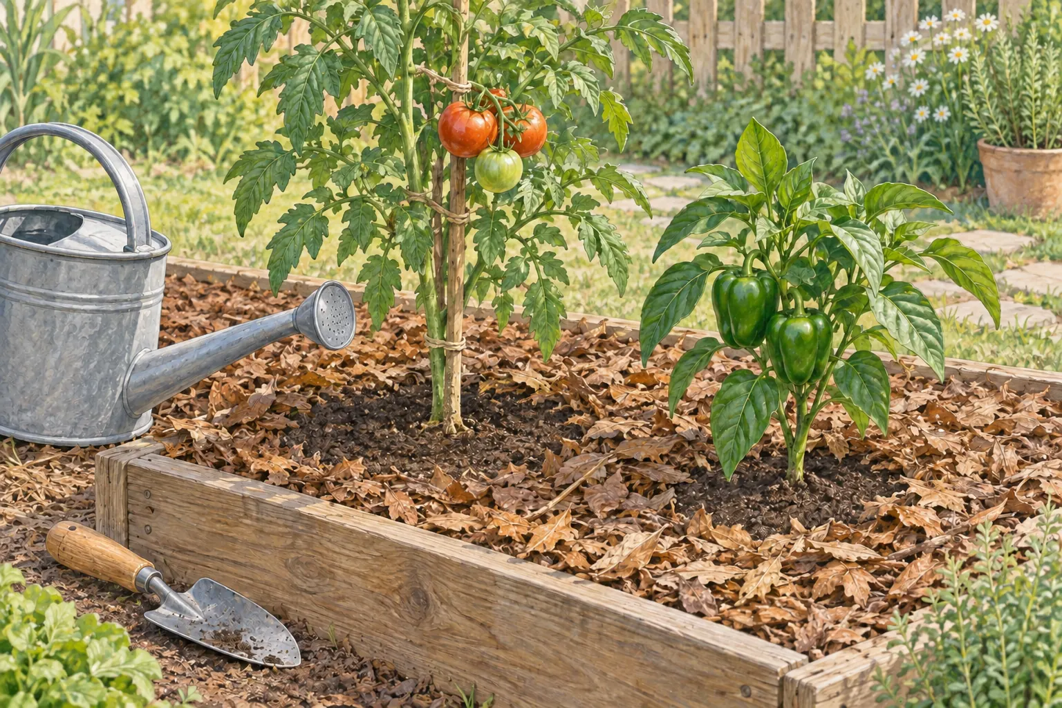 Illustration of healthy tomato and pepper plants growing in an outdoor vegetable bed, with a watering can nearby.