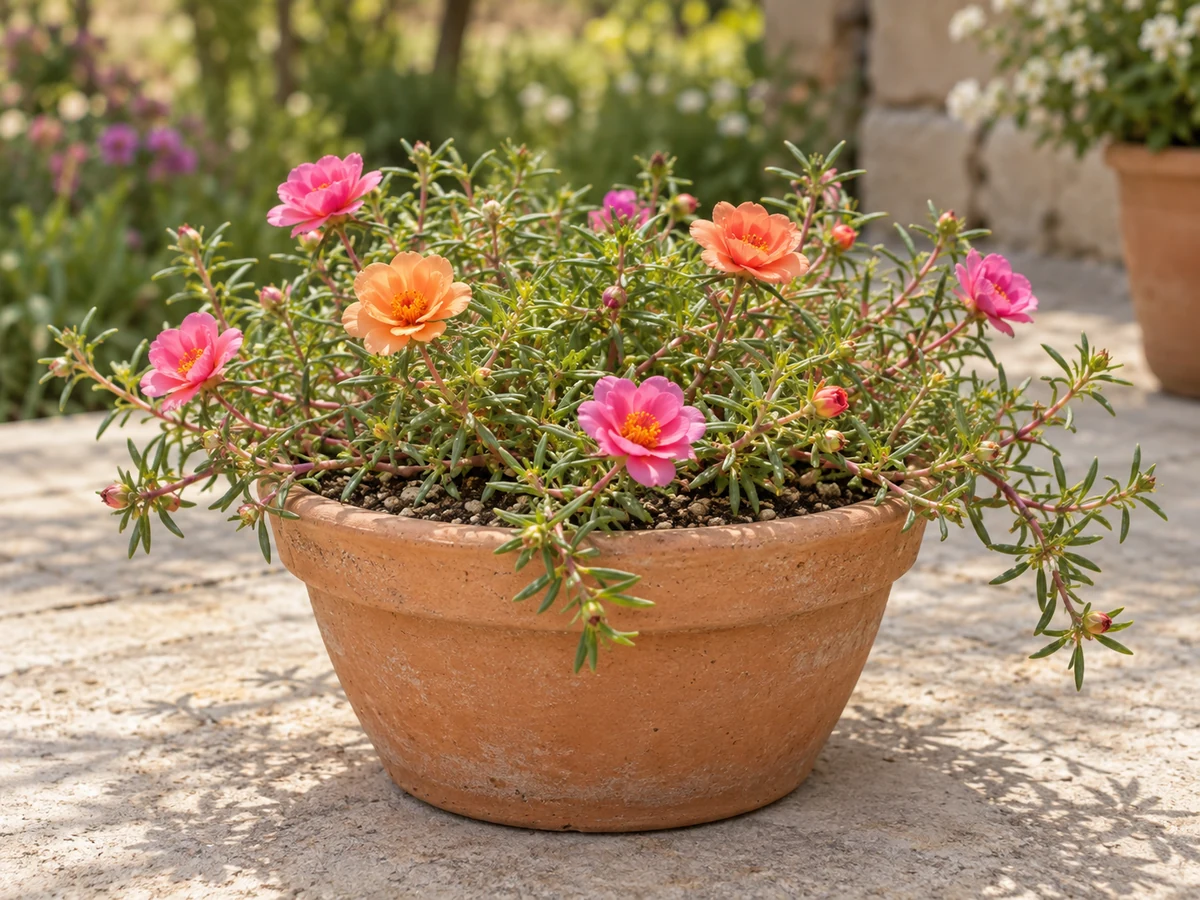 AI-generated illustration of potted moss rose with narrow succulent leaves and pink and orange flowers.