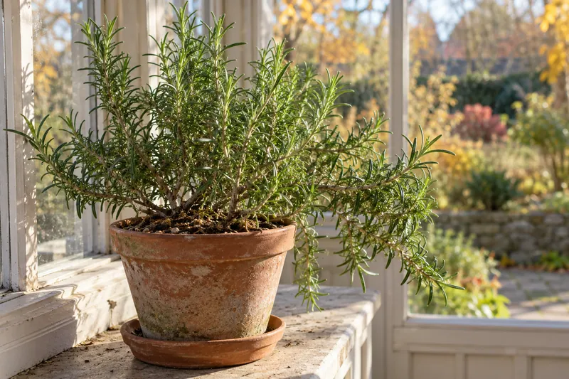 Illustration of a potted rosemary plant with slender green leaves.