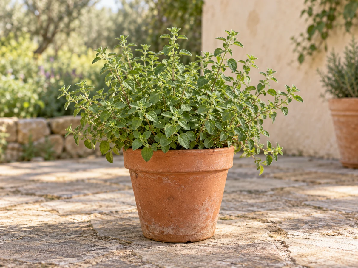 AI-generated illustration of a potted common oregano plant with small opposite green leaves.