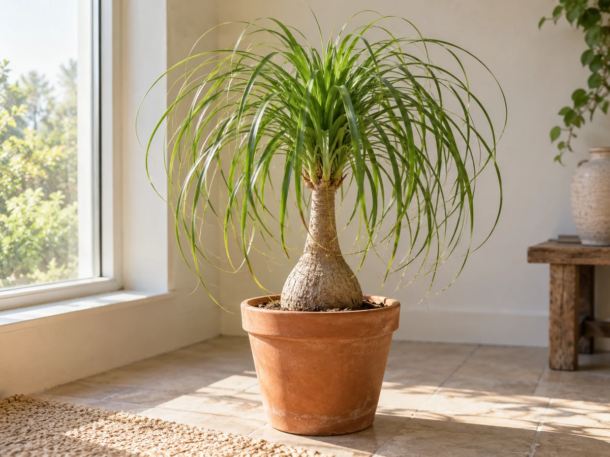 AI-generated illustration of a potted ponytail palm with a swollen trunk base and long, arching narrow leaves.