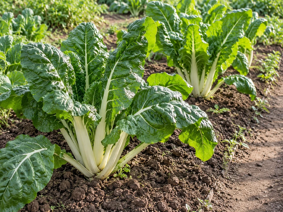 AI-generated illustration of white-stemmed Swiss chard growing directly in soil in a vegetable garden.